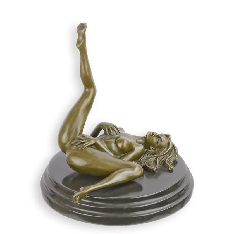 Erotische Bronzefigur liegende nackte Frau mit erhobenem Bein 20 cm