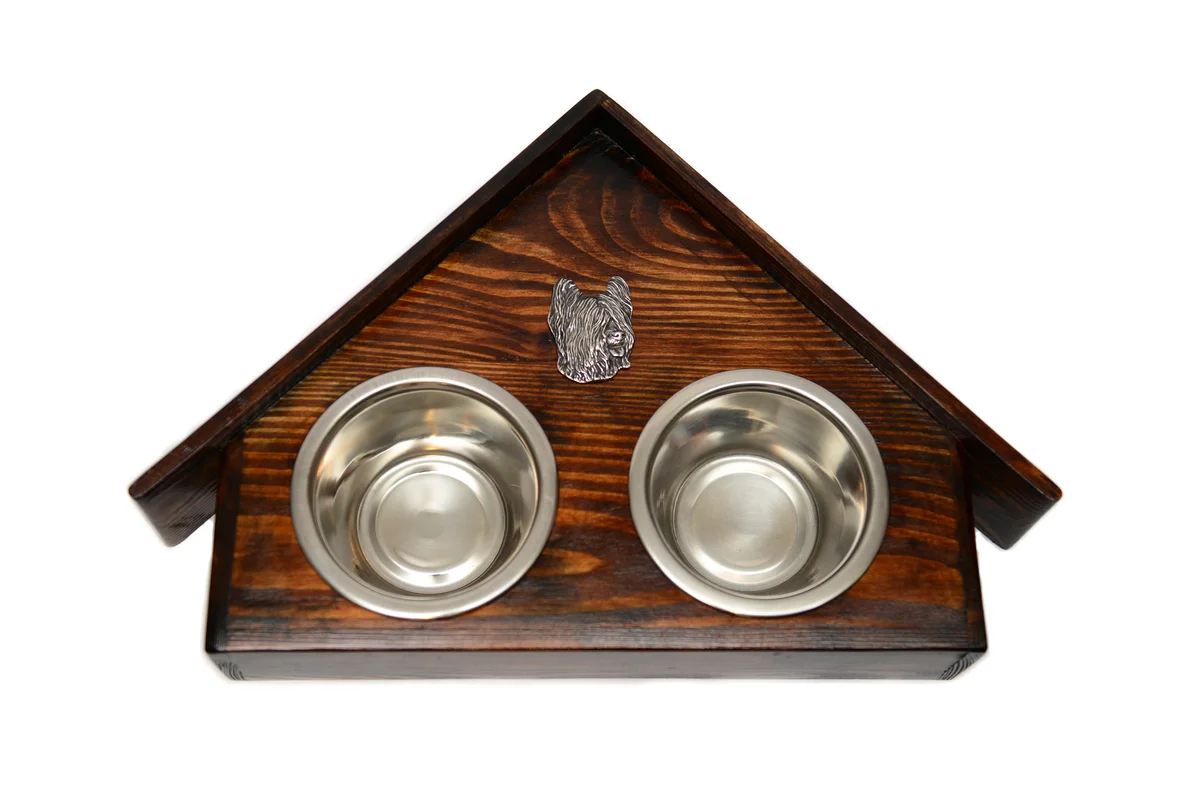 Holz-Futternapfhalter mit Briard Emblem