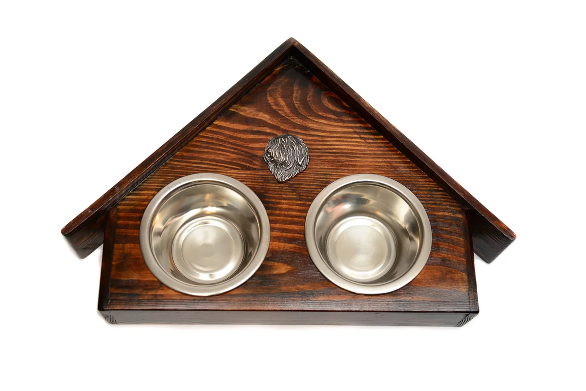 Holz-Futternapfhalter mit Polish-Lowland-Sheepdog-Emblem