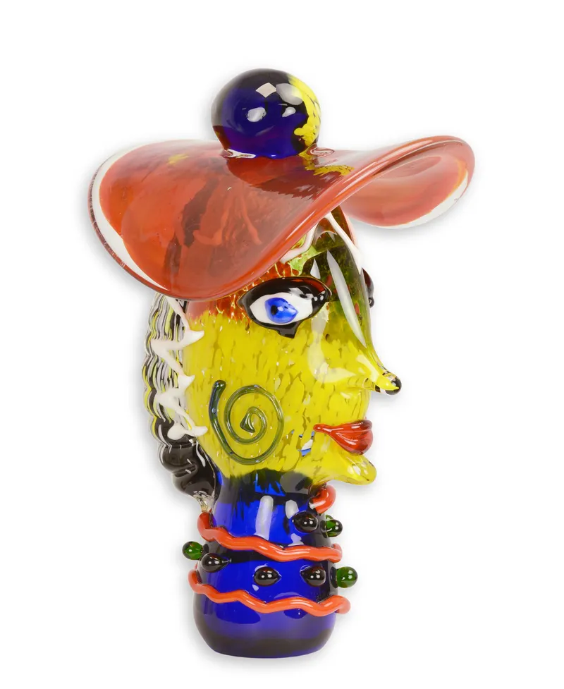 Glasfigur Frauenkopf mit Hut im Murano-Stil 36,3 cm