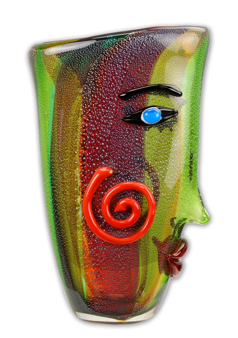 Glasvase mit Gesicht im Murano-Stil grün und rot 37,4 cm