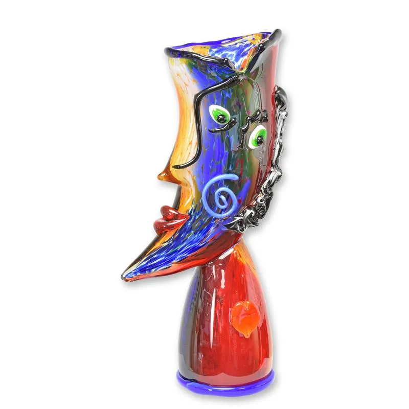 Glasvase Gesicht im Profil Blau-Rot im Murano-Stil 50,2 cm