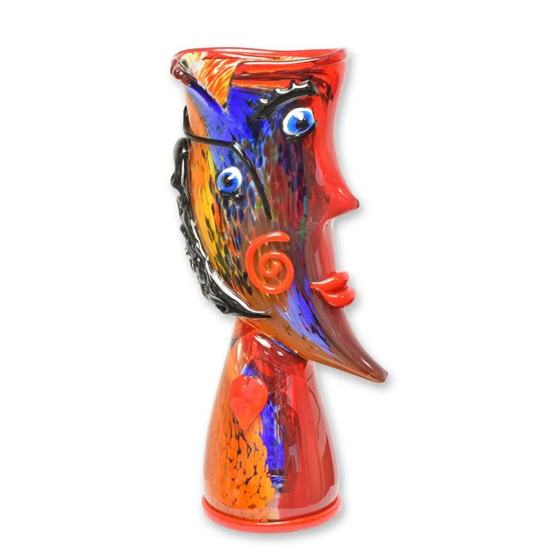 Glasvase Gesicht im Profil Rot-Orange im Murano-Stil 50,5 cm