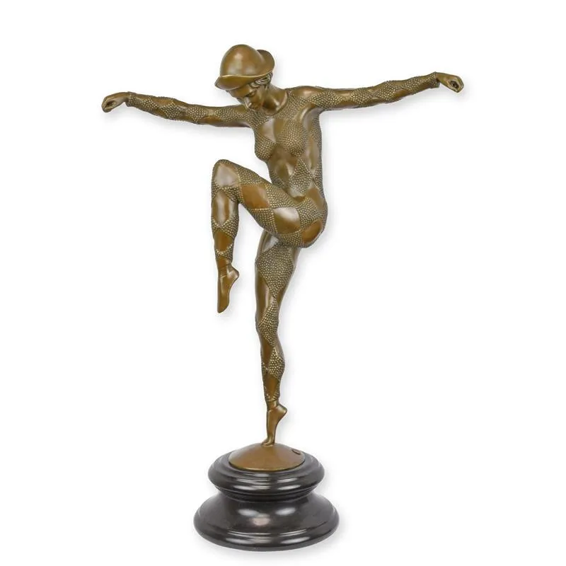 Große Art-déco-Bronzeskulptur Harlekin-Tänzerin auf Marmor 70 cm