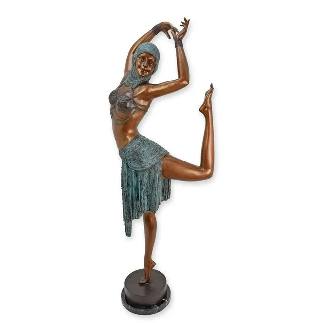 Grosse bronzene Art-Deco-Taenzerin in Lebensgroesse auf Marmorsockel