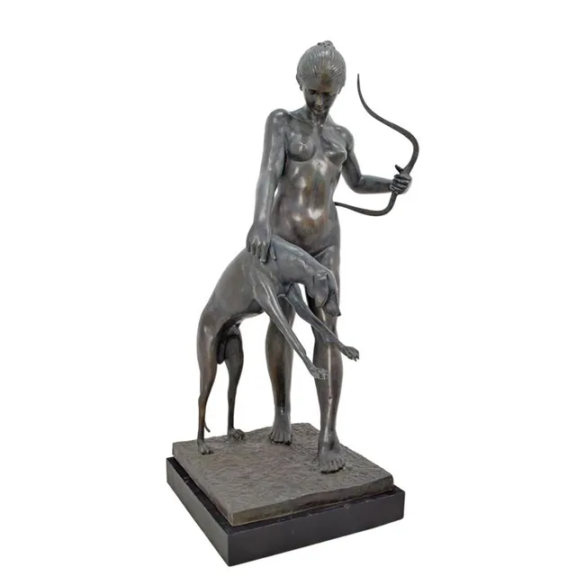 Großes Bronzebild Diana mit Windhund auf Marmorsockel