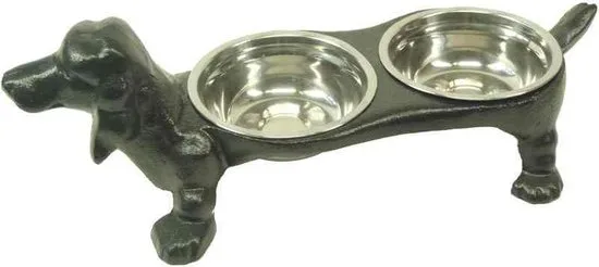 Gusseisen Futternapfhalter Dackelform — schwarz, doppelt, 43 cm