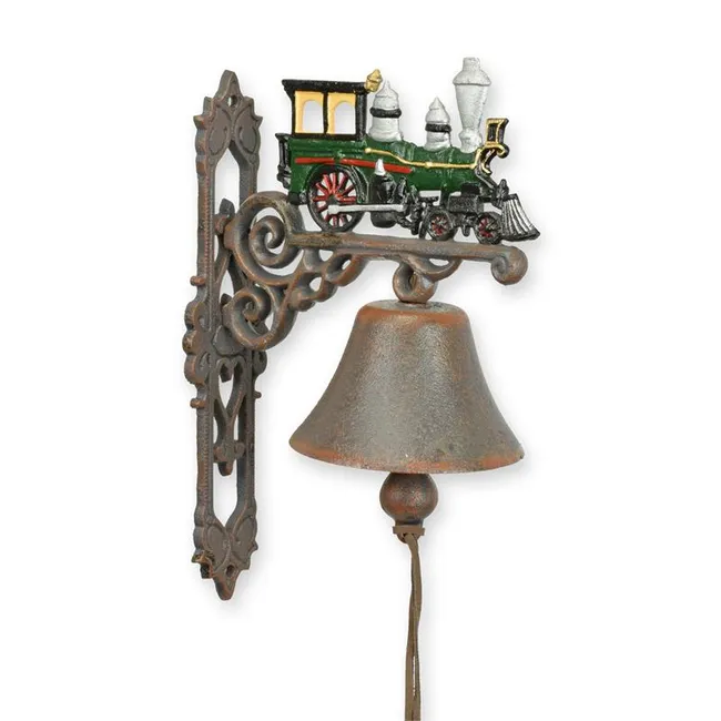 Gusseiserne Wandglocke mit gruener Lokomotive