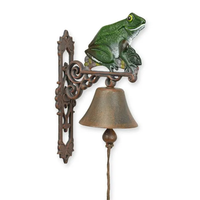 Gusseiserne Wandglocke mit gruenem Frosch