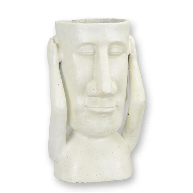 Gusseisernes Moai-Pflanzgefaess Weiss Skulptur Osterinsel