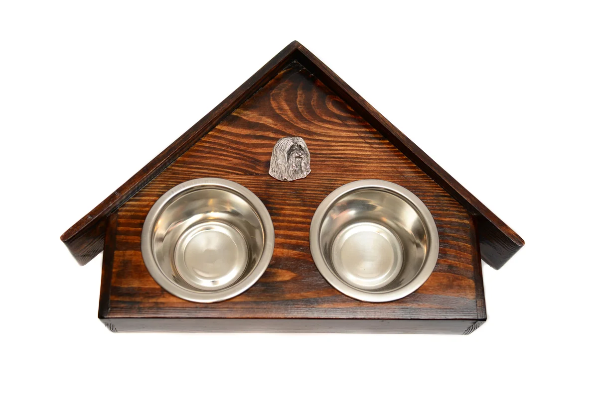 Holz-Futternapfhalter mit Bearded Collie Emblem