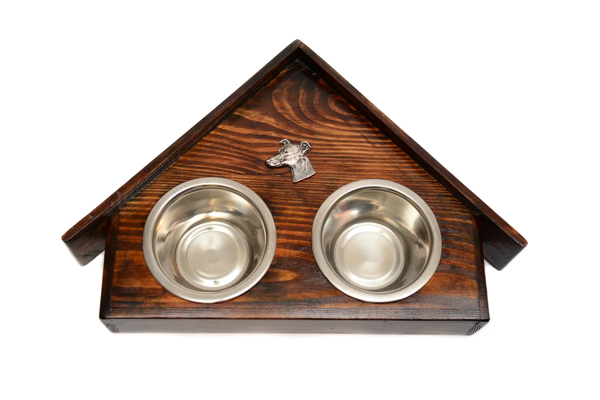 Holz-Futternapfhalter mit Whippet Emblem