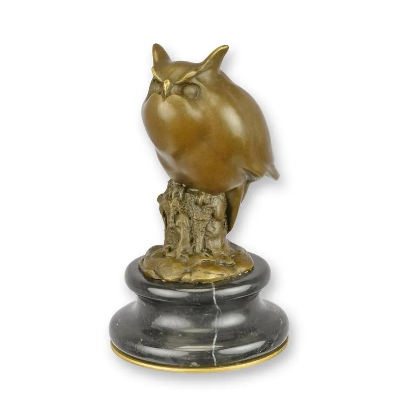 Kleine Bronzefigur Eule auf Baumstumpf mit Marmorfuß 12,8 cm
