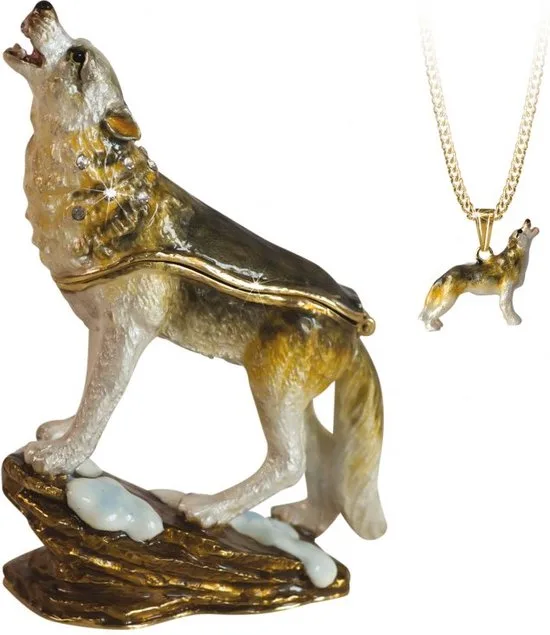 MadDeco Arora Design Pillendose Wolf Emaille Zinn Kristall 9x4x6 cm