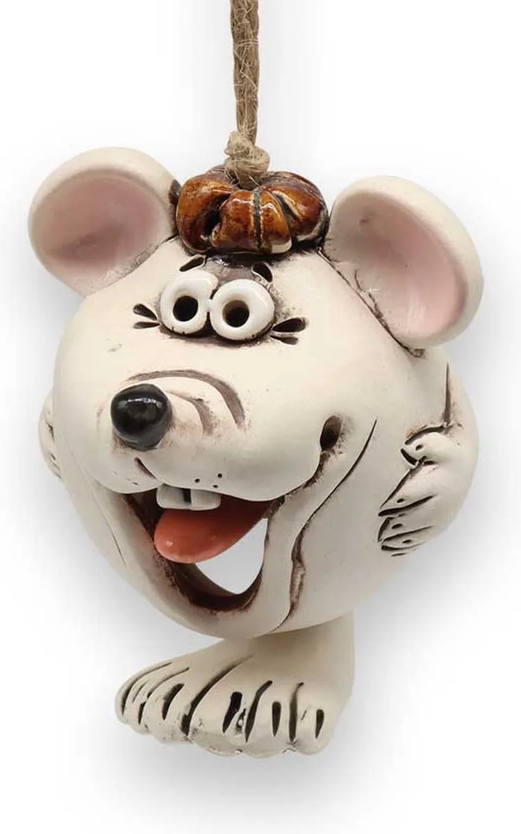 MadDeco Baumhaenger Maus mit Gloeckchen Keramik handgefertigt 11 cm