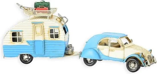 MadDeco Blechmodell Citroen 2CV mit Wohnwagen blau 40x9,5x16 cm