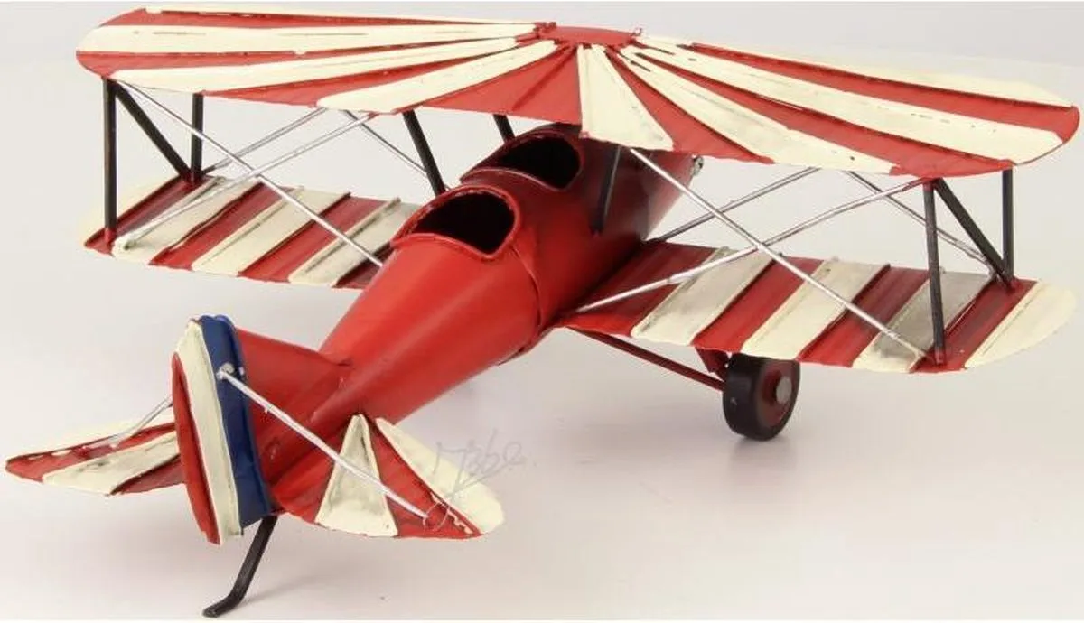 MadDeco Blechmodell Doppeldecker WWI Flugzeug rot weiß Dekoration 33x26x12 cm