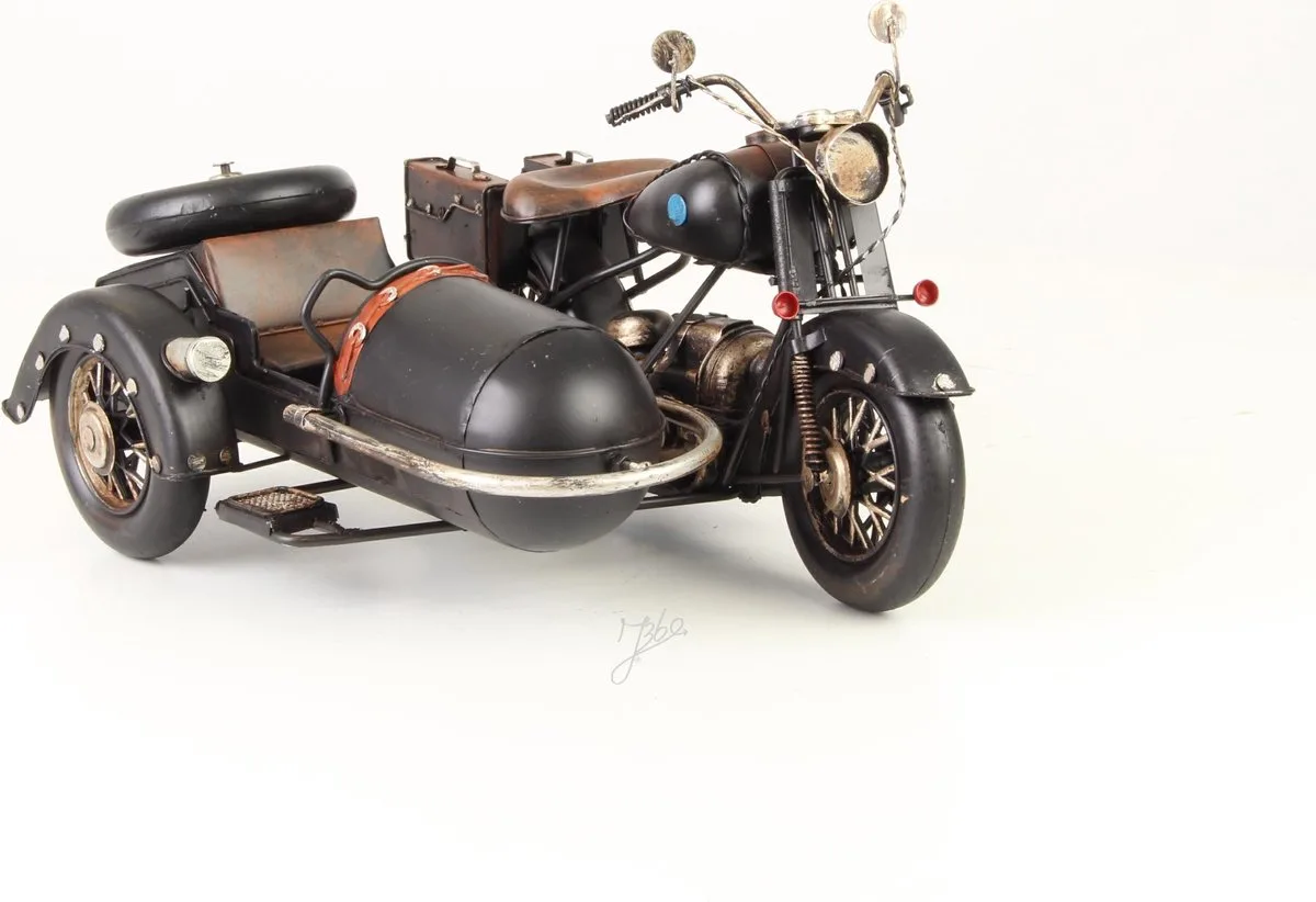 MadDeco Blechmodell klassisches Motorrad mit Beiwagen schwarz Metall Retro 32x25x18 cm