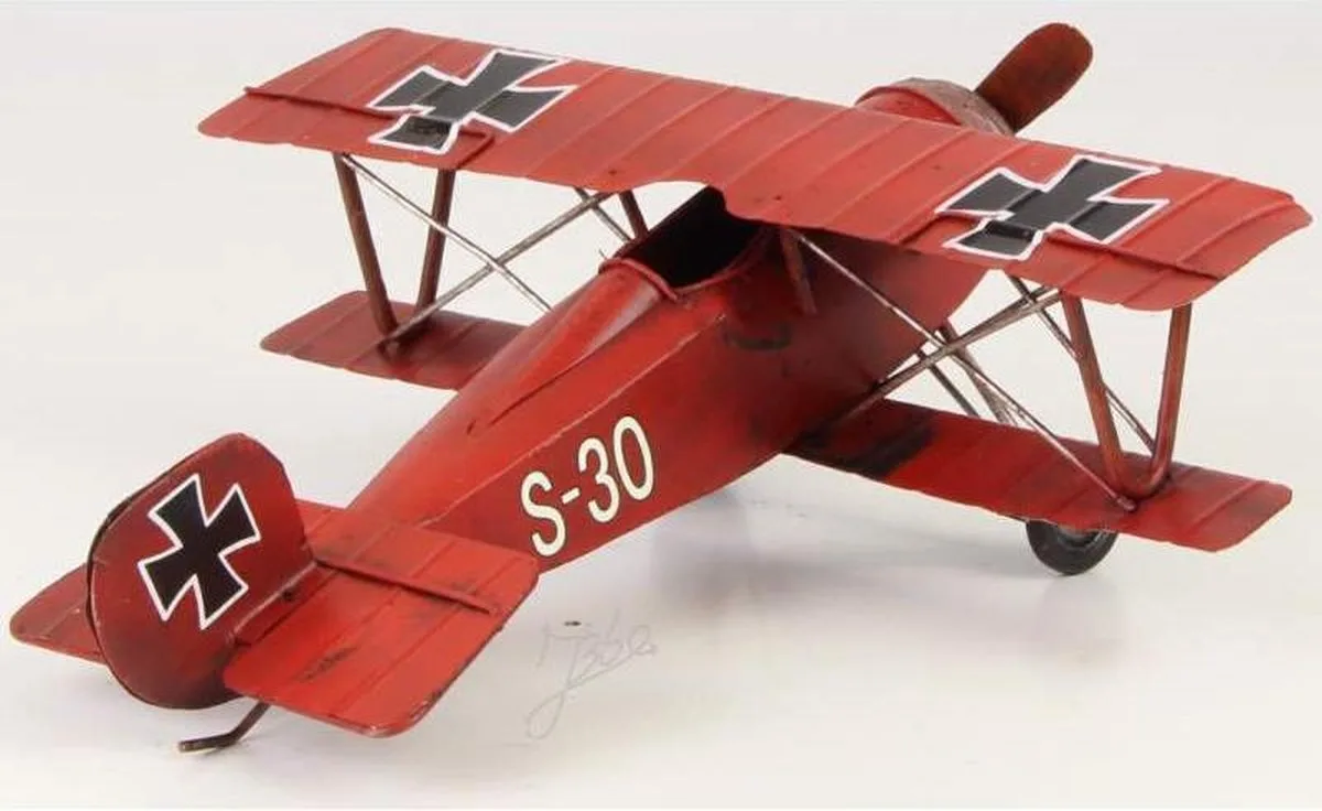 MadDeco Blechmodell Red Baron Doppeldecker WWI Flugzeug rot Metall 24x25x8,6 cm