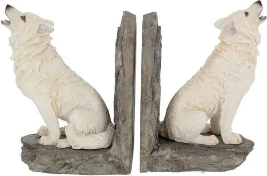 MadDeco Buchstütze weißer Wolf Polyresin – 2er-Set – 20 x 9 x 14 cm