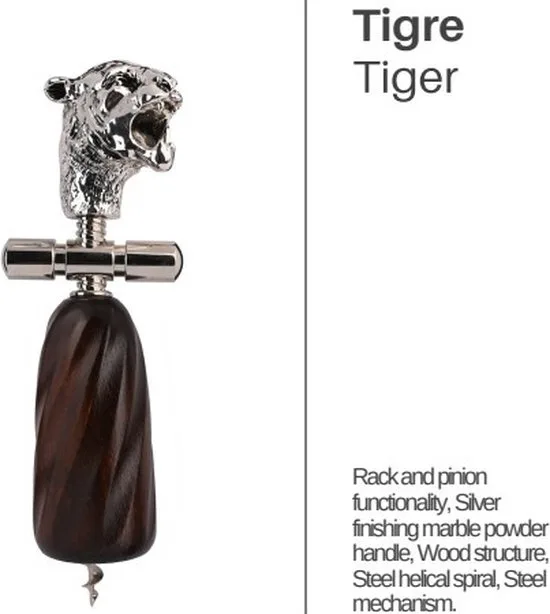 MadDeco Korkenzieher Tiger Versilbert Buchenholz Italienisches Design 20 cm