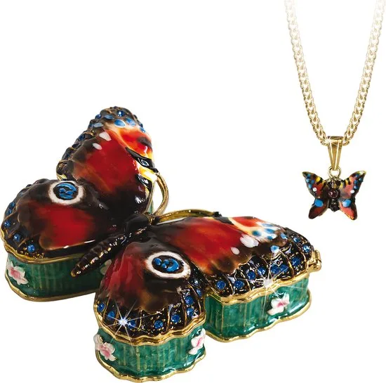 MadDeco Pillendose Emaille Schmetterling Pfauenauge braun blau + goldene Kette