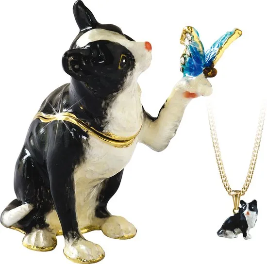 MadDeco Pillendose Emaille schwarz-weisse Katze mit Schmetterling + goldene Kette