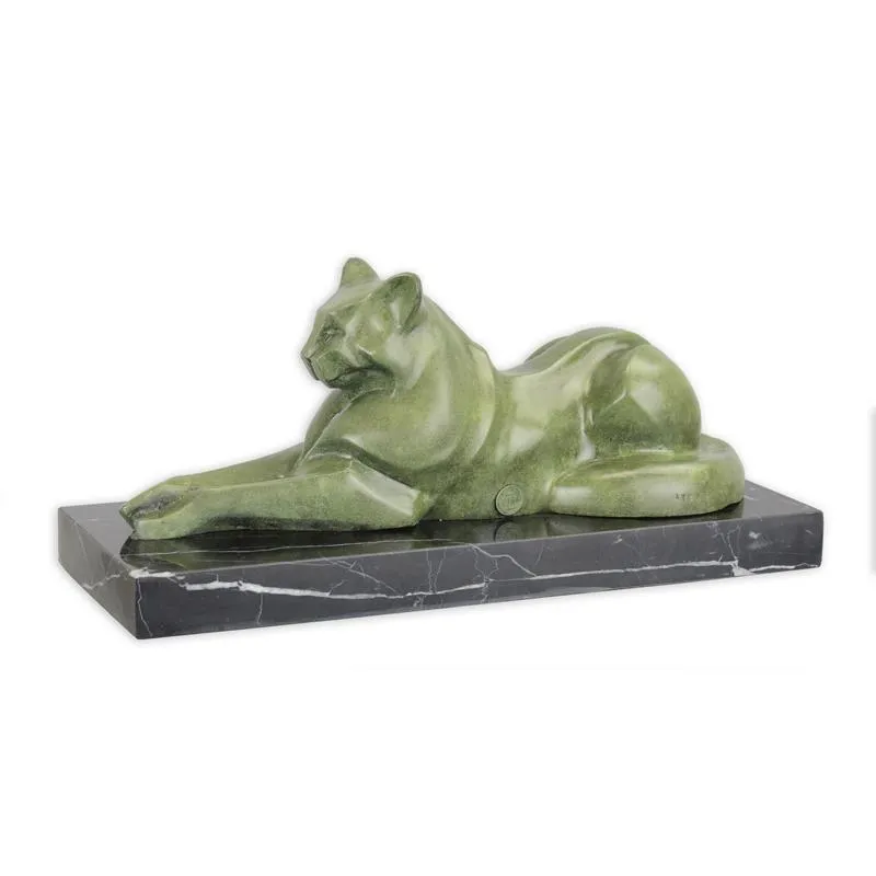 Modernistische Bronzefigur liegende Katze auf Marmorsockel