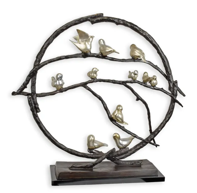Modernistische Bronzeskulptur Voegel auf Baum Silber-Patina