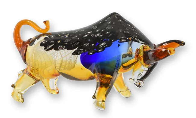Murano Stil Glas Stier Schwarz Gold mit Blauen Akzenten