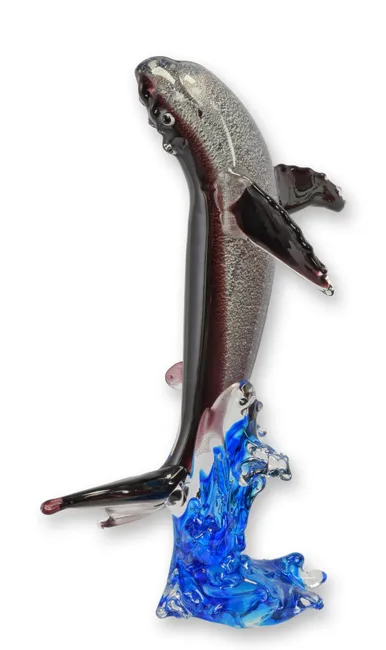 Murano Stil Glas Wal Figur Grau mit Blauen Wellen