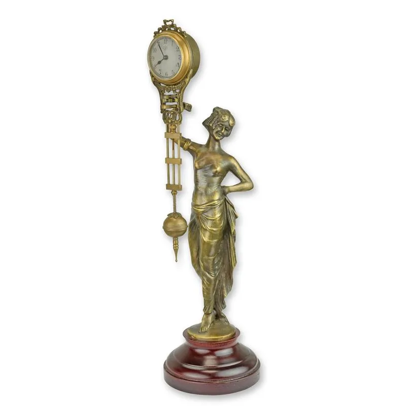 Mysteriöse Tischuhr mit Bronze-Frauenfigur und Pendel