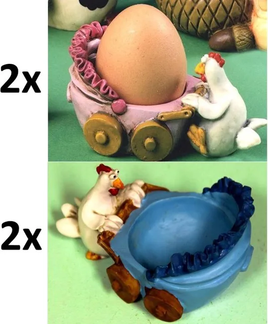 Paolo Chiari Eierbecher Hühner Kinderwagen Set 4 Polystone 2 Rosa 2 Blau