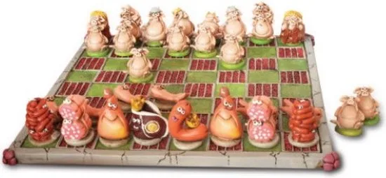 Paolo Chiari Schachspiel Schweine vs. Fleisch Polyresin Handgemacht 34x34x8 cm