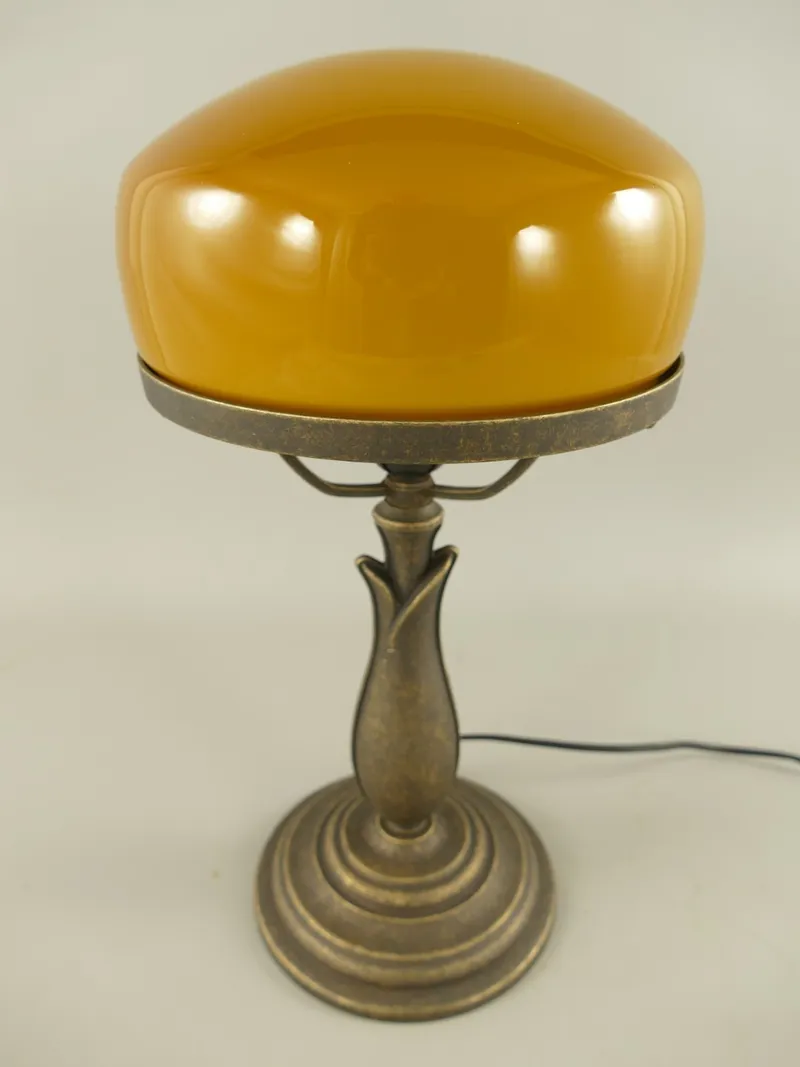 Pilzlampe Messing brüniert mit Cognac-Glasschirm 38 cm