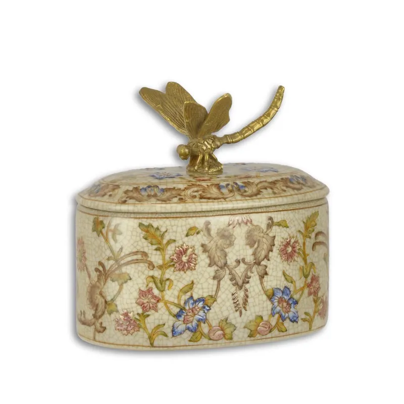 Porzellandose mit Craquelé-Glasur und Bronze-Libelle