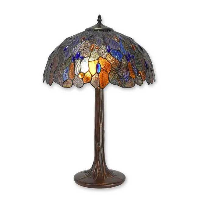 Tiffany Tischlampe Libelle Blau Bernstein Baumstammfuss