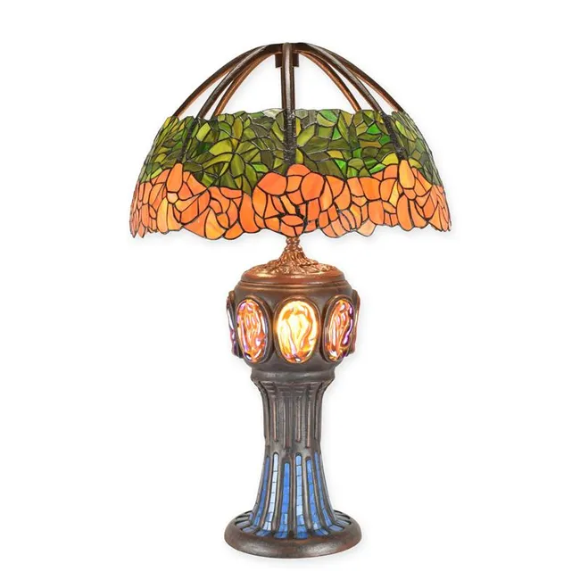 Tiffany Tischlampe Orange Mohnblueten Doppelter Leuchtfuss
