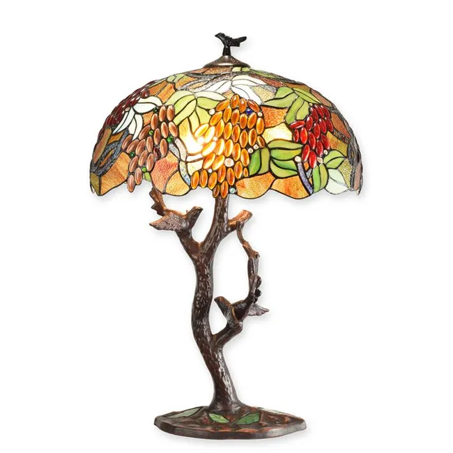 Tiffany Tischlampe Trauben Vogel Baumstamm Fuss 76 cm