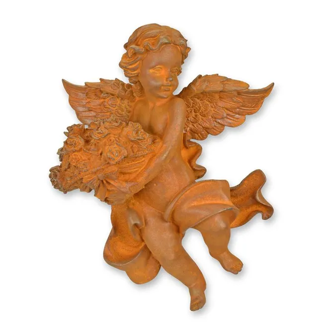 Wandrelief Gusseisen-Engel mit Blumenkorb Rostfinish